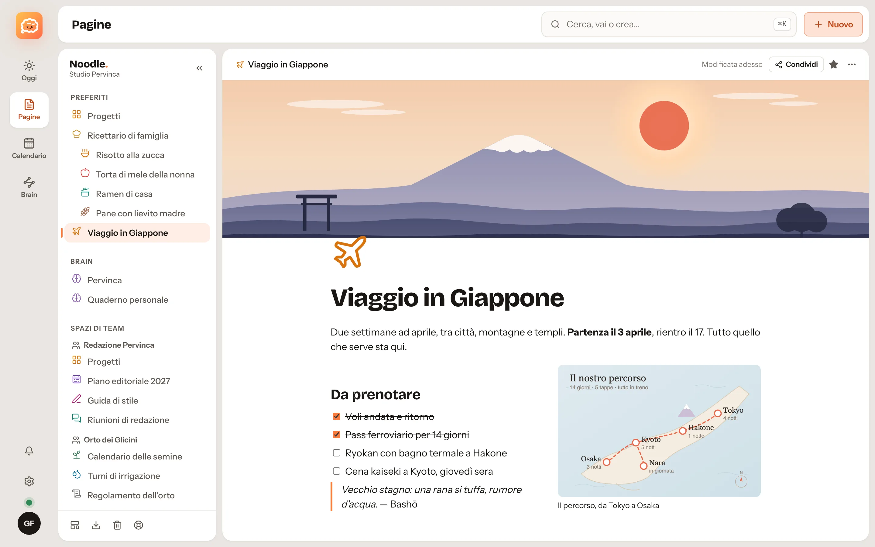 Noodle on the Mac: a page open next to the sidebar, favourites and the Brain